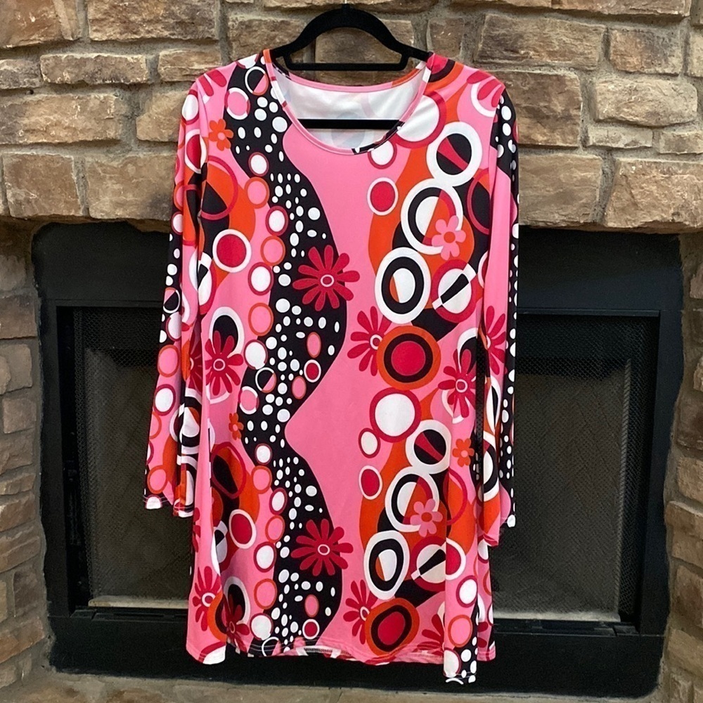 Fun and whimsical pink, black, orange floral and polka dot dress.  Medium